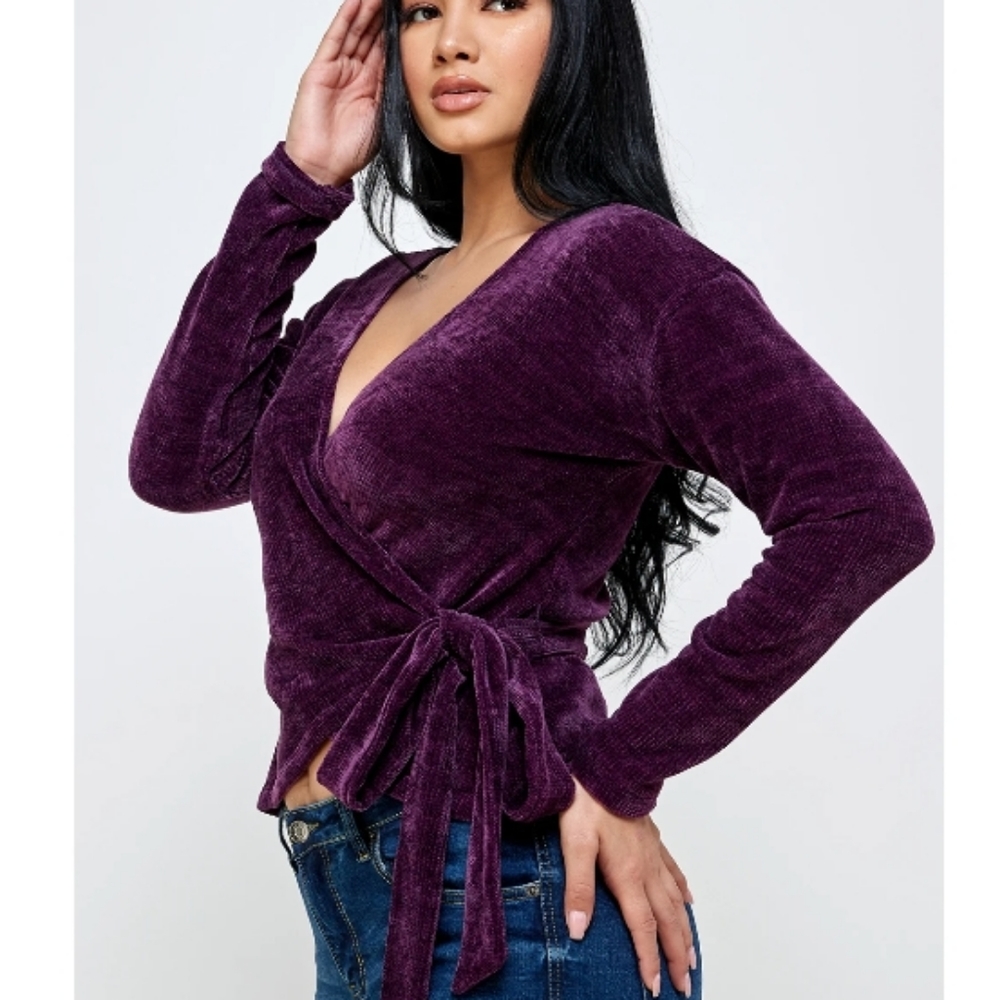 Sweet Charm Purple Chenille Wrap Top Size L NWT